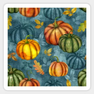 Pumpkins and different fall leaves seamless watercolor pattern. Autumn colorful composition. Thanksgiving textural background Sticker